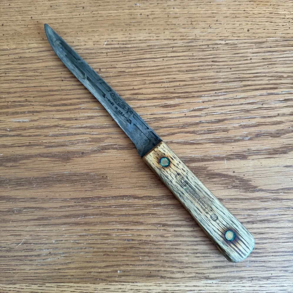 Vintage Ontario Knife Co Tru-Edge Carbon‎ Steel Butcher Knife Wood Handle USA